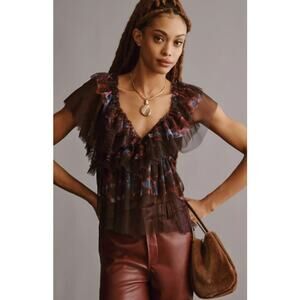 Anthropologie Ruffled Sheer Blouse - Brown and Blue